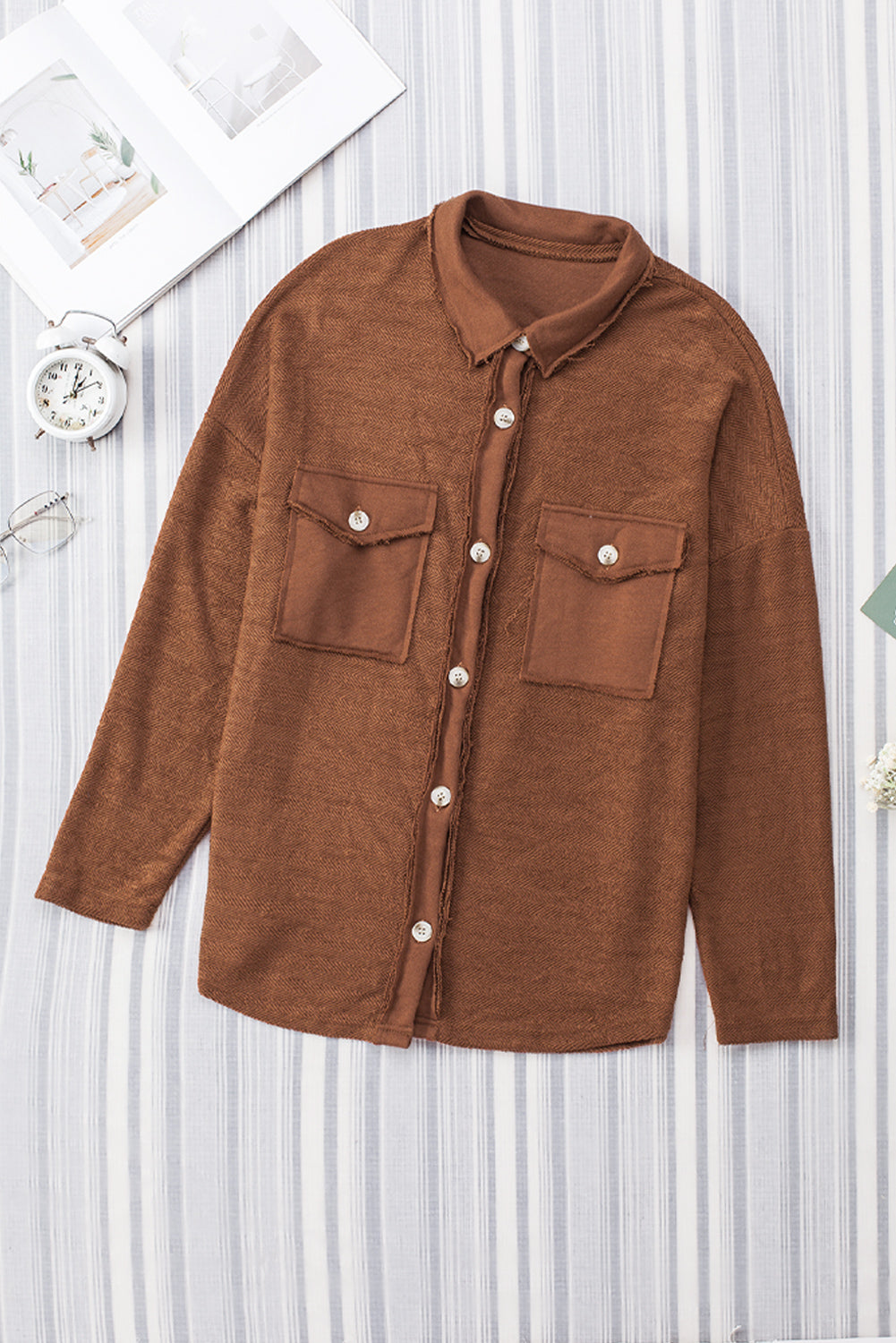 Wholesale Brown Solid Color Textured Button Up Shacket with Pockets