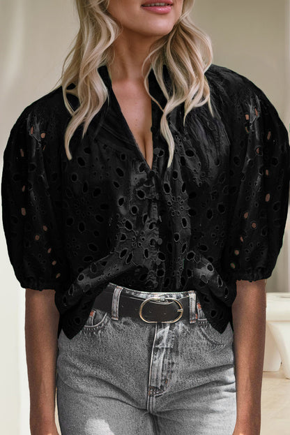 White Flower Hollow-out Short Puff Sleeve Blouse