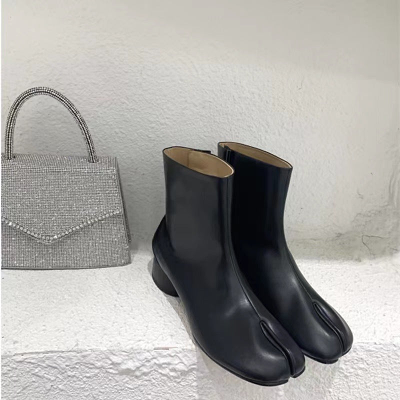 Split-toe Shoes Female Mid Heel Authentic Leather Chunky Heel Middle Boots