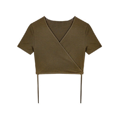 Hot Girl High Waist Short Cropped Navel Design Hong Kong Style V-neck Black Short-sleeved T-shirt