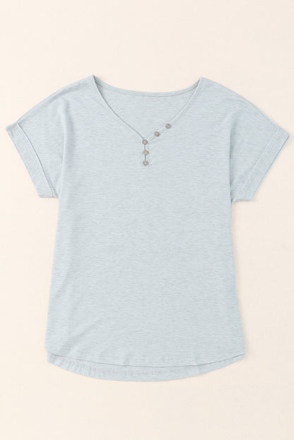Grey V Neck Casual Buttoned Detail T-Shirt