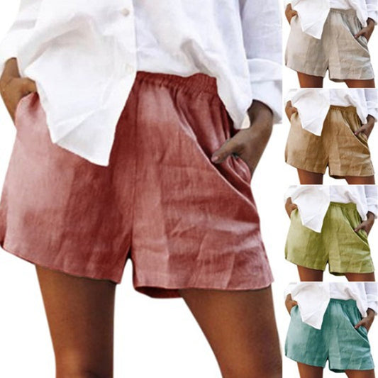 High Waist Solid Color Casual Linen Pocket Straight Shorts