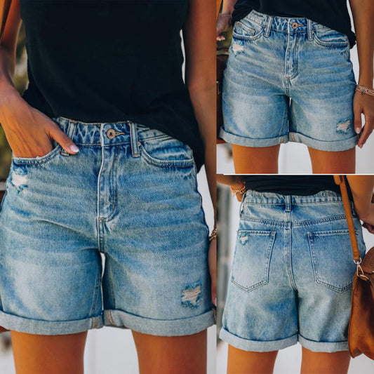 Summer European and American Ladies Denim Ripped Washed Shorts
