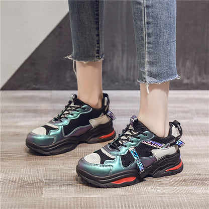 Cross-Border 42 Large Size Women'S Shoes Autumn New Mesh Fabric Color Matching Old Shoes Student Platform Casual Sports Shoes Trend