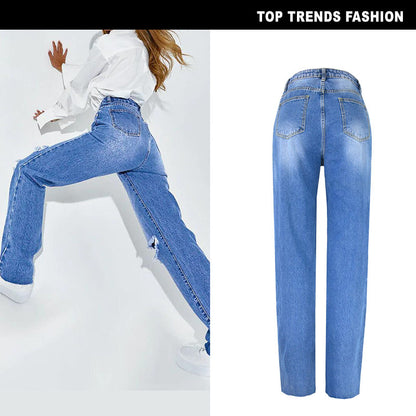 Women's High Waist Straight Ripped Jeans