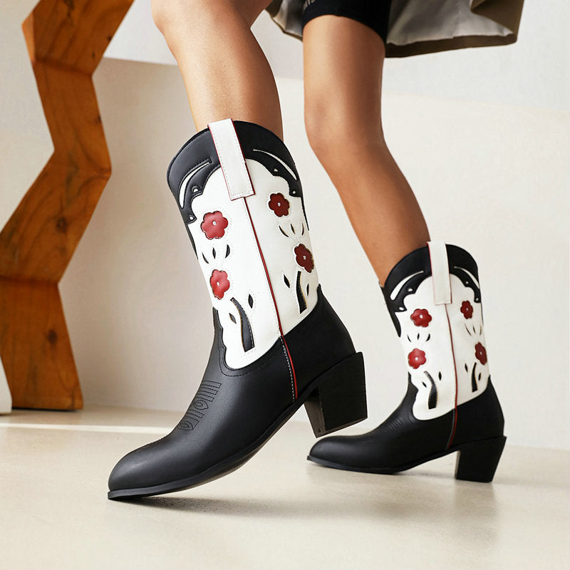 New Chunky Heel High Heel Mid-calf Color Matching Western Cowboy Boot