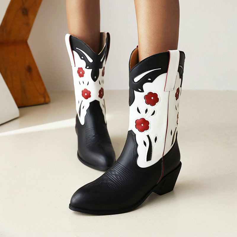 New Chunky Heel High Heel Mid-calf Color Matching Western Cowboy Boot