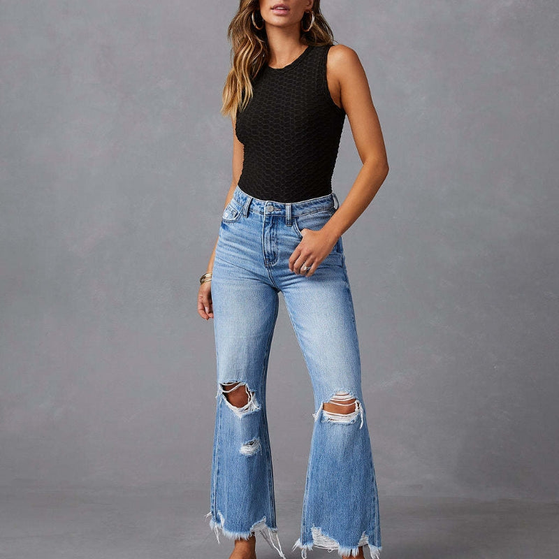 European And American Water Washed Hole High Waist Trousers Wide Leg Pants Jeans