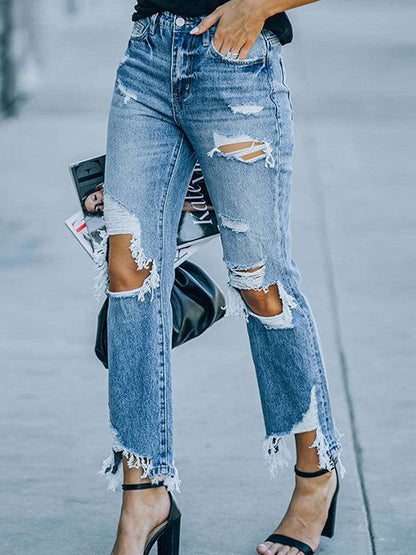 Autumn Ripped Jeans For Women European And American Personalized Knee-exposed Tight High Waist Trousers For Women