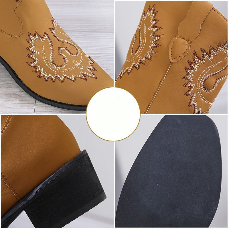 Embroidery Western Boots Chunky Mid Heel Cowboy Boots Women Shoes