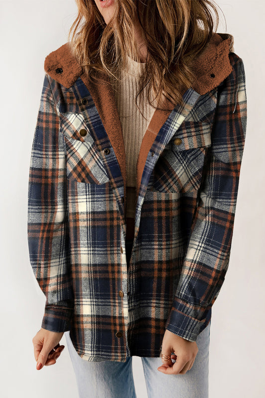 Blue Snap Button Sherpa Lined Hooded Flannel Jacket