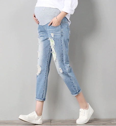 Fashion maternity pants summer tide hole jeans seven points loose thin tight stretch
