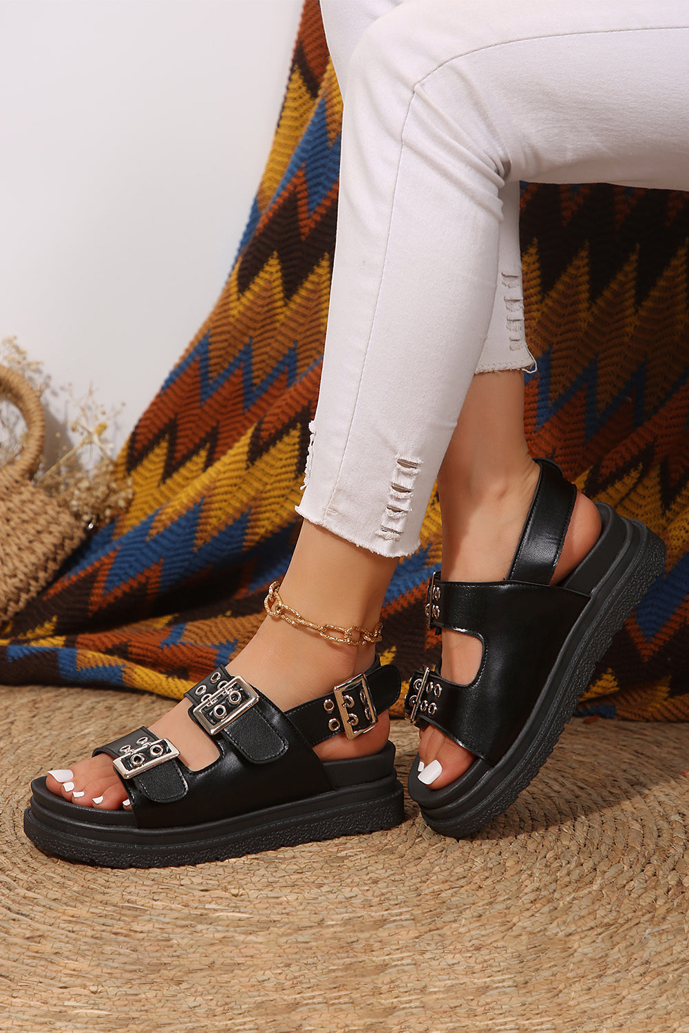 Black Solid Color Buckled Lug Sole Sandals