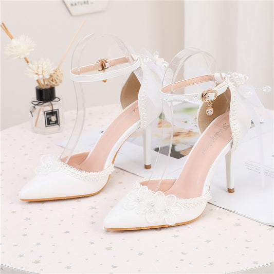New Women's Solid Color Banquet White Low-cut Buckle Bow Pointed Stilette High Heels
