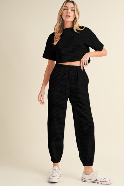 Black Textured Cropped Tee and Jogger Pants Set