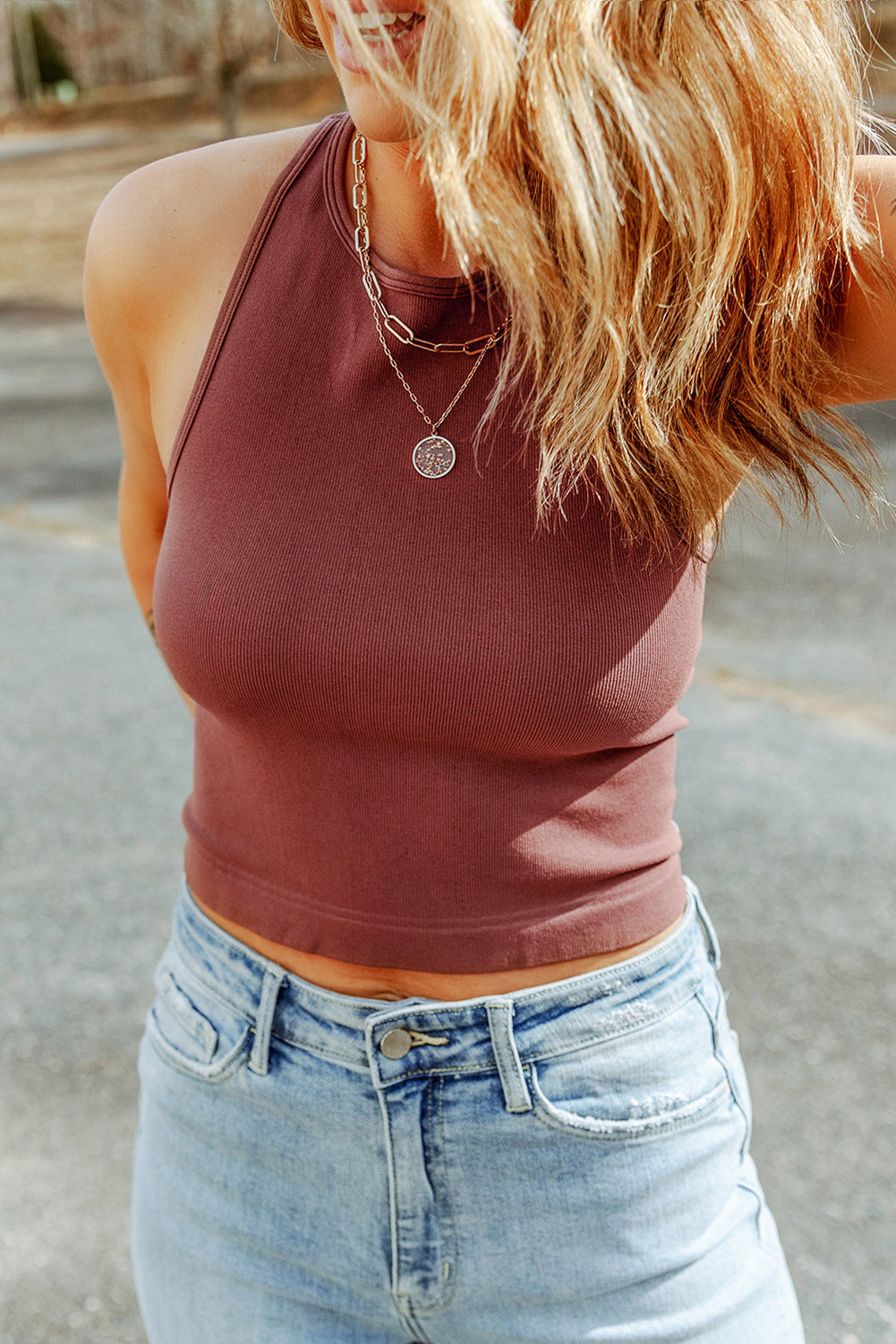 Red Clay Ribbed Knit Racerback Crop Top