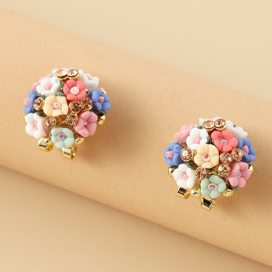Romantic Ceramic Flower Rose Diamond Metal Alloy Earrings