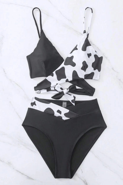 Black Contrast Abstract Pattern Crossed Bikini Set