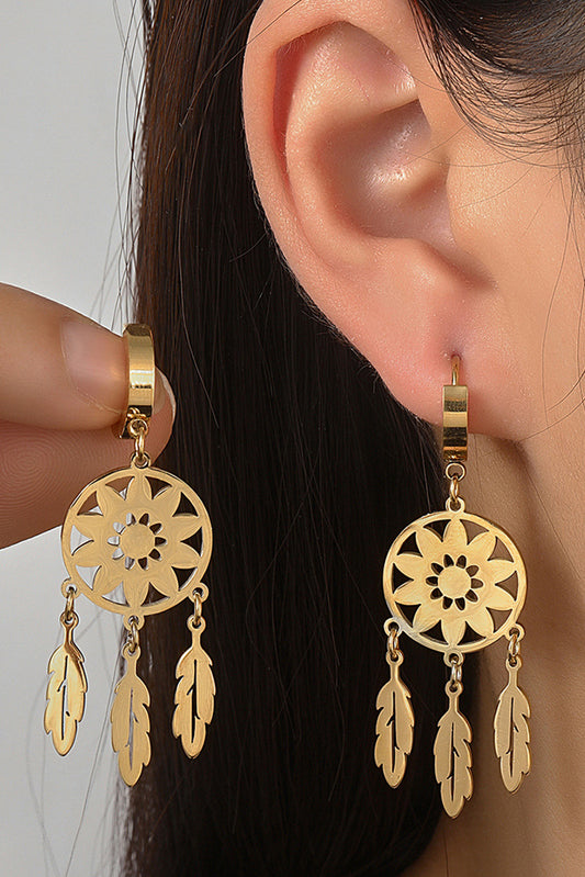 Gold Flower Feather Shape Fringe Dropping Earrings
