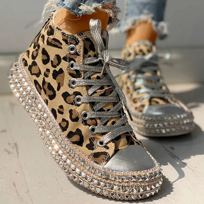 Studded leopard print canvas shoes