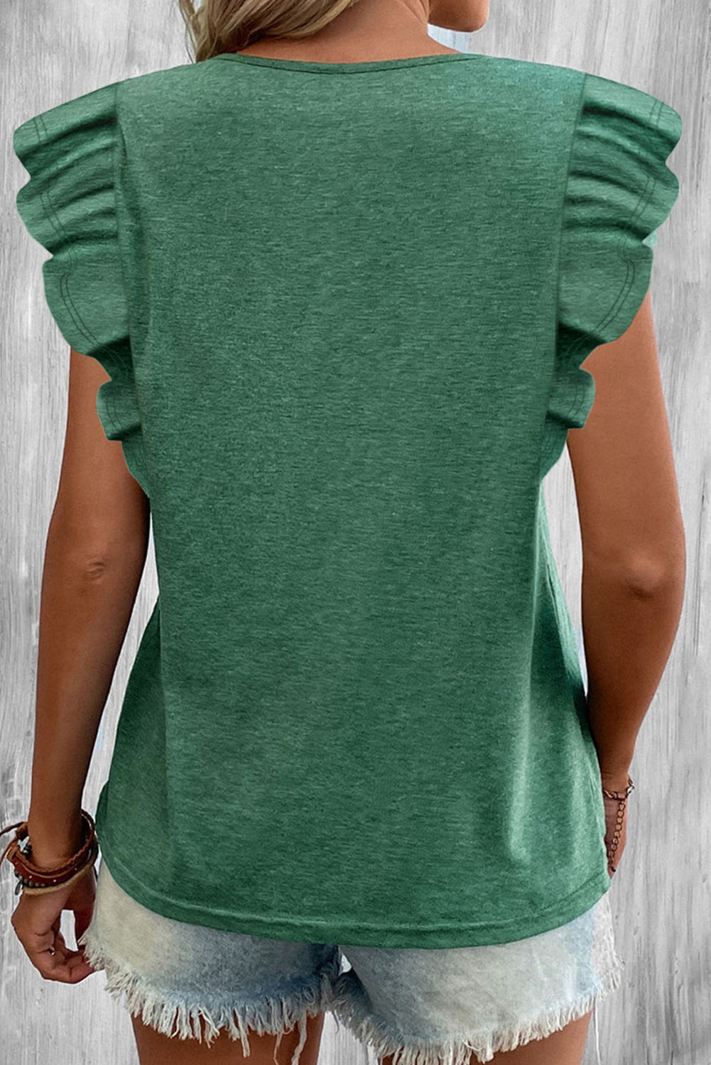Green Solid Color Ruffle Sleeveless V Neck T Shirt
