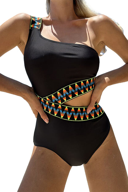 Black Zigzag Cutout Asymmetrical Teddy Swimwear