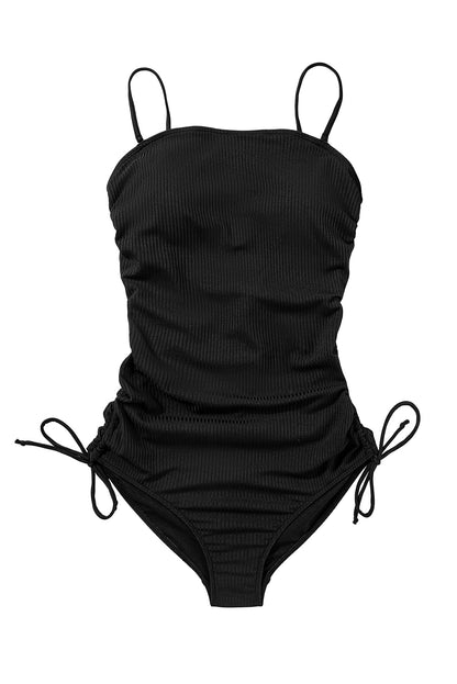 Navy Blue Side Drawstring Cutout Ribbed One Piece Swimsuit