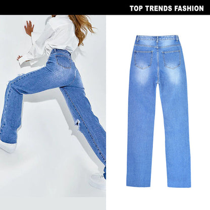 Women's High Waist Straight Ripped Jeans