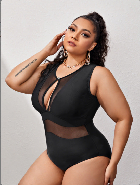 New Plus Size Solid Color Stitching One-piece Bikini Swimsuit