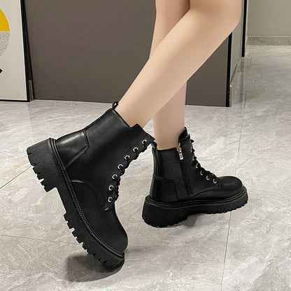 Square Heel Round Head Solid Color British Style Retro Casual Platform Women's Boots