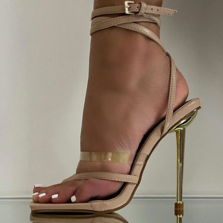 Transparent Colorblock Plated High Heel Buckle Slipon Sandals