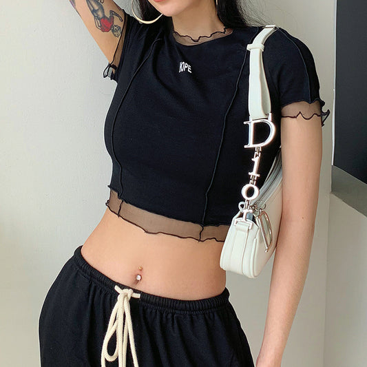 Fashion Letter Print Round Neck Wooden Ears Navel Exposed T Shirt Women
