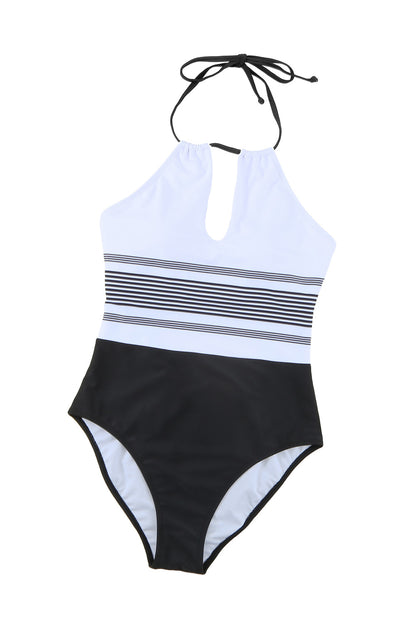 White Striped Backless Cut Out Halter One Piece Swimsuit