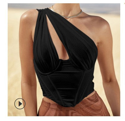 New Style Sexy One-shoulder Mesh Slim Top
