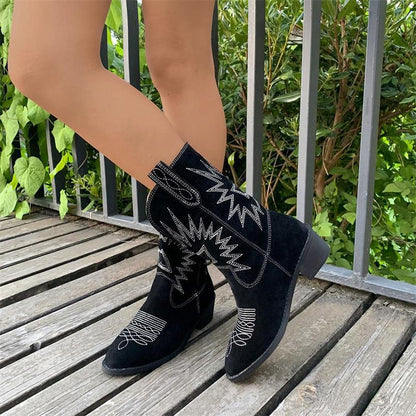 Embroidery Sleeve Retro Mid-calf Length Pointed Chunky Heel Long Boots
