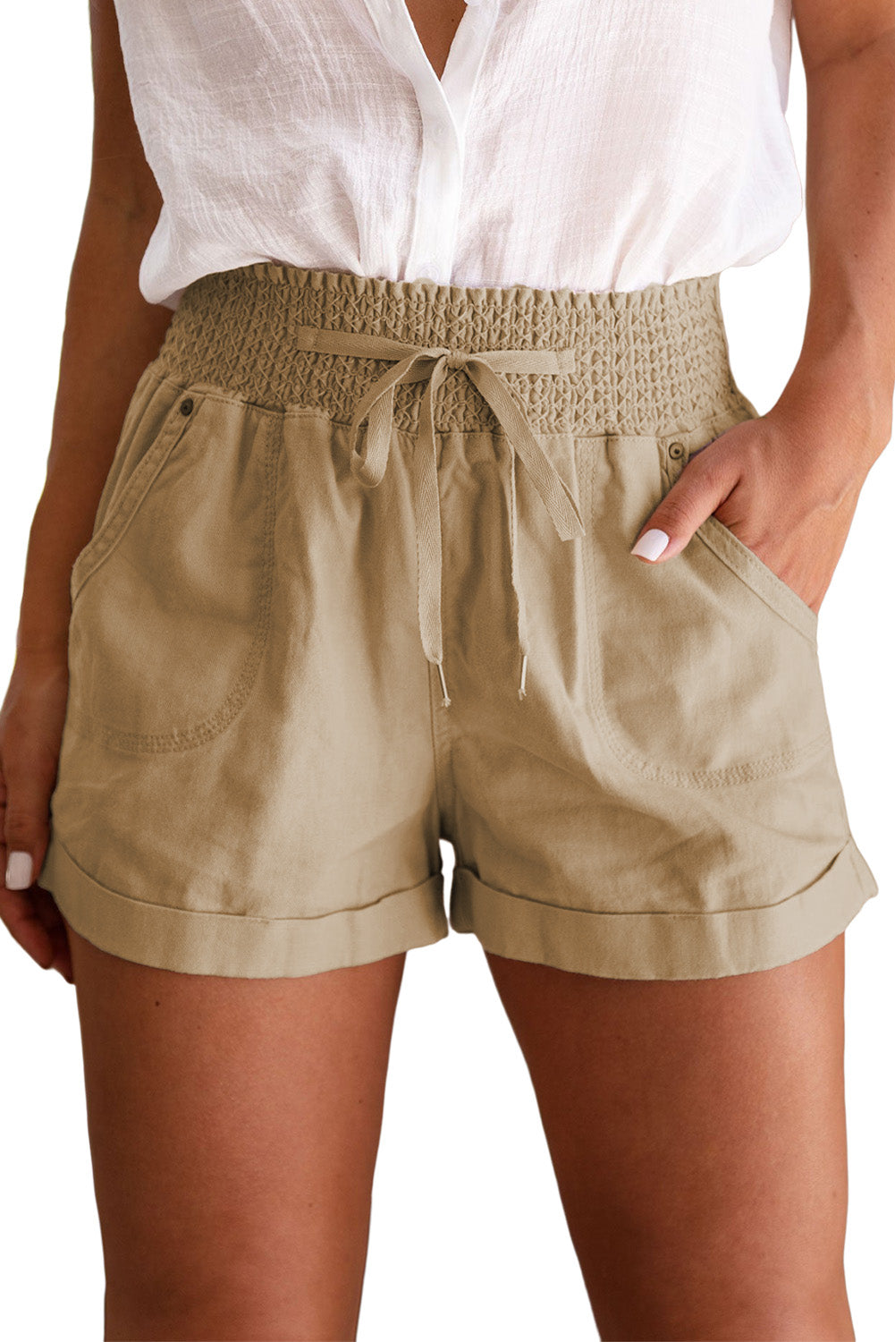 Khaki Casual Shirred High Waist Drawstring Shorts