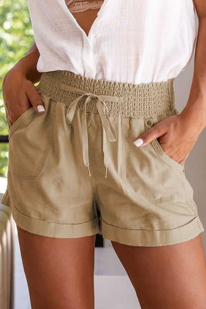 Khaki Casual Shirred High Waist Drawstring Shorts