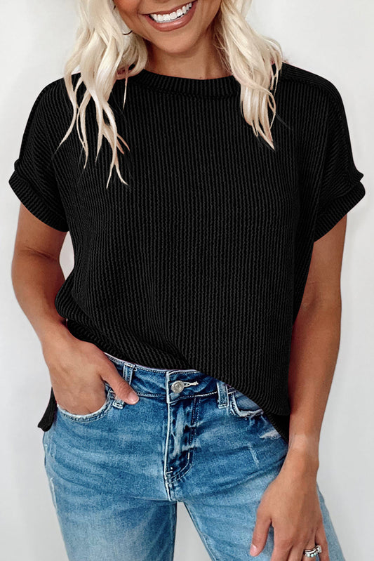 Black Ribbed Knit Exposed Seam Round Neck T-shirt