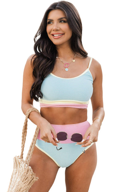 Bonbon Color Block Textured High Waist Sexy Bikini Set