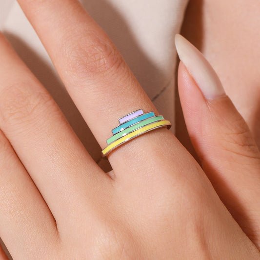 Women's Fashion Casual Sterling Silver Dopamine Rainbow Enamel Drop Oil Ring