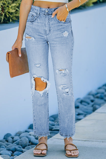 Light Blue Distressed Holes Straight Jeans