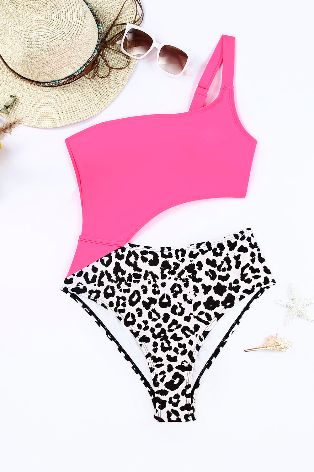 Rose Leopard Asymmetric One Piece Swimsuit
