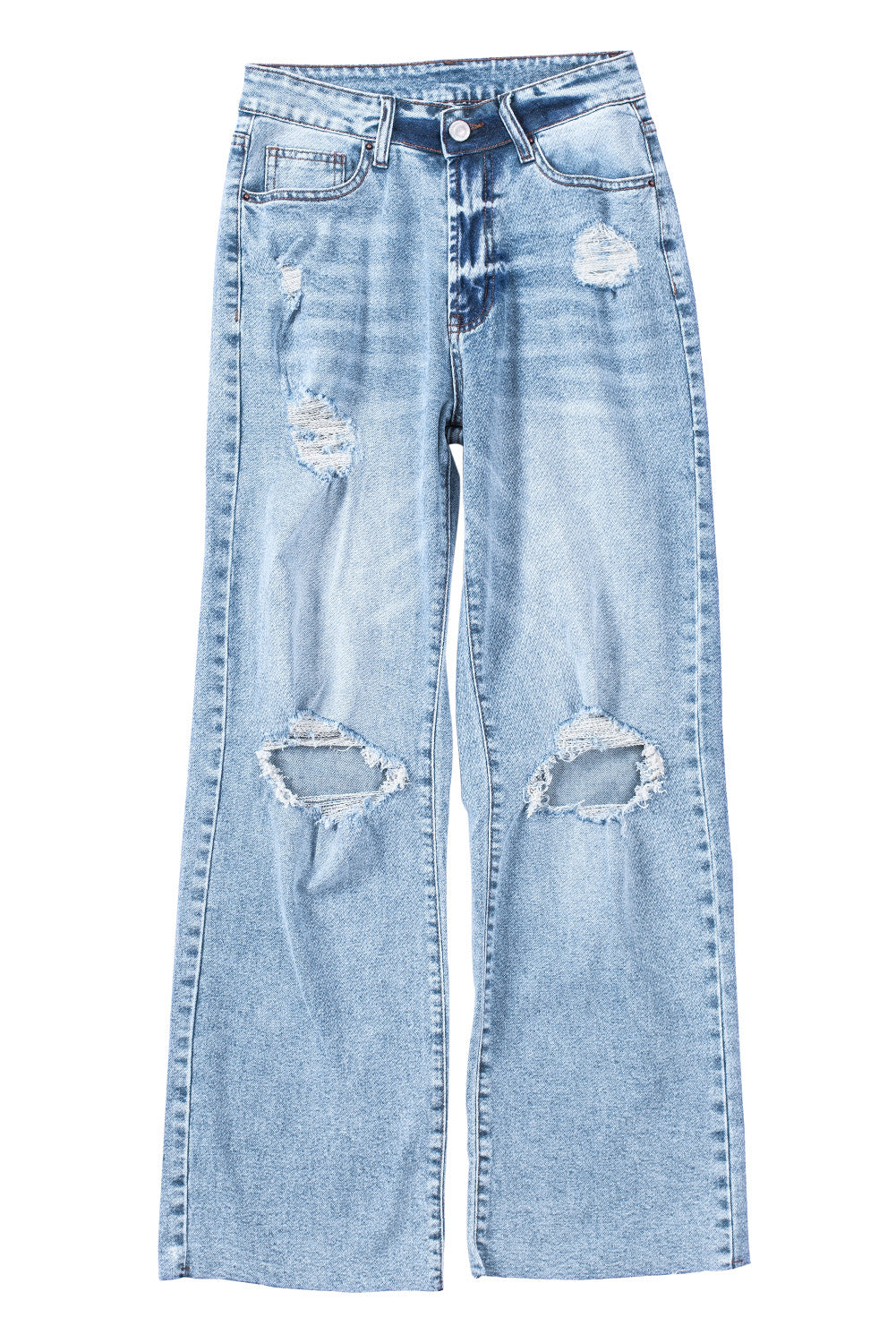 Sky Blue Distressed Hollow-out Knees Wide Leg Jeans