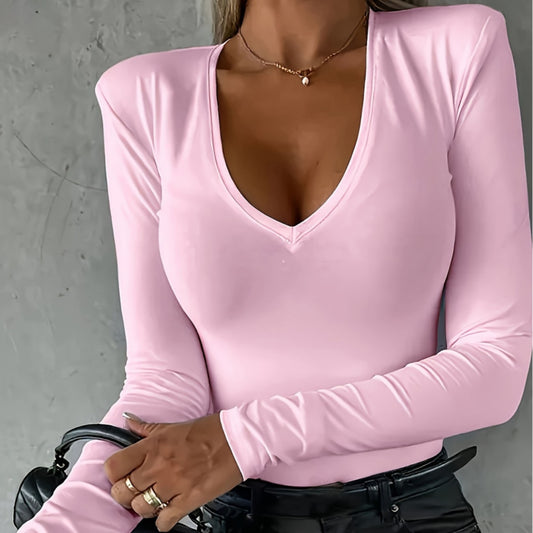 Women's Long-sleeved V-neck Tight Bottoming Casual Simple T-shirt Top