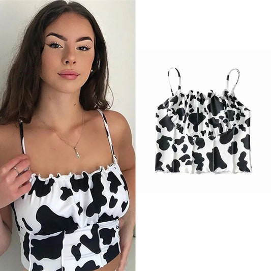 Cute Cow Print Small Vest Women's Chest Fold Design Short Slim Camisole Top