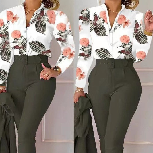 Printed Long-sleeved Top Solid Color Pants Suit With Belt