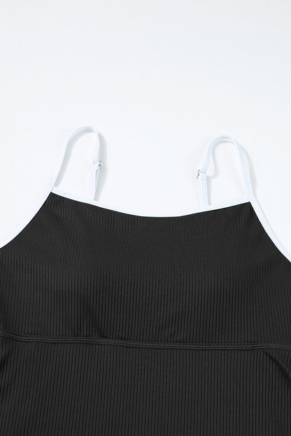 Black Sporty Ribbed Spaghetti Straps Swim Dress