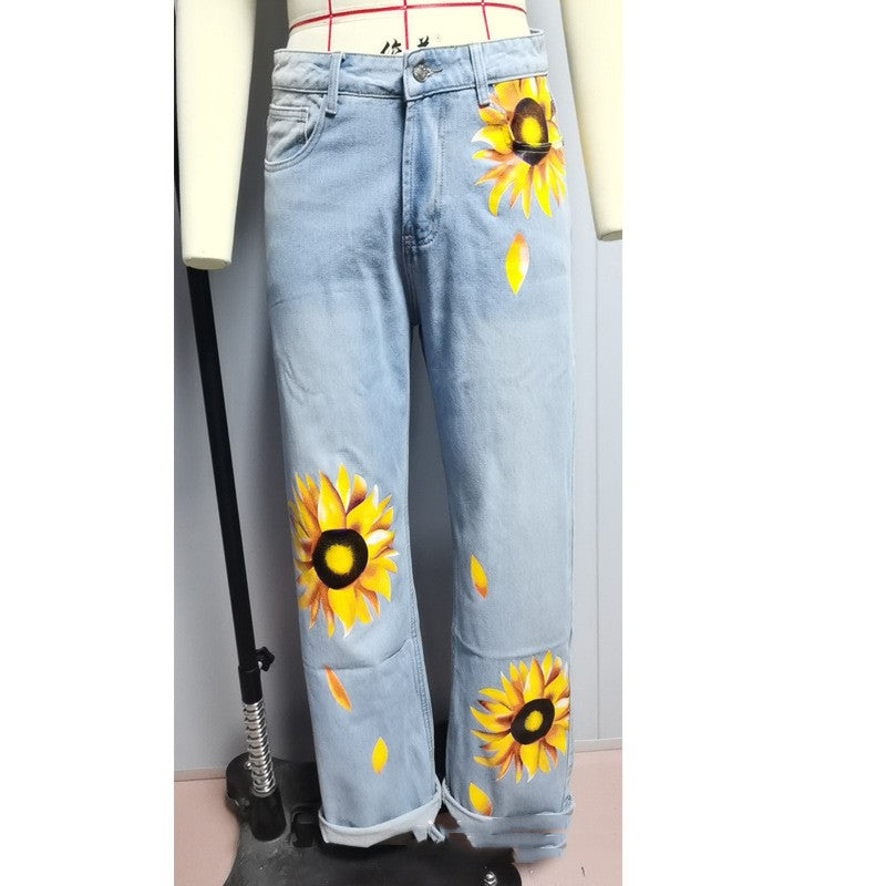 Women's Sunflower Printed Washed Jeans