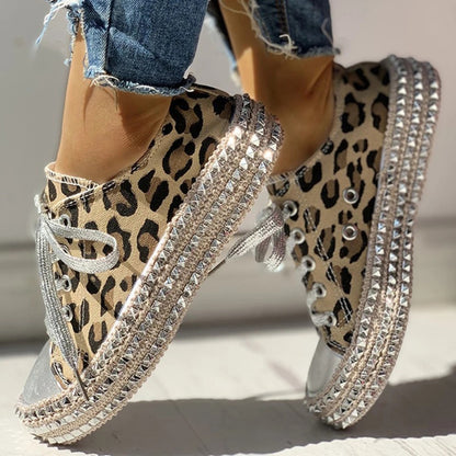 Studded leopard print canvas shoes
