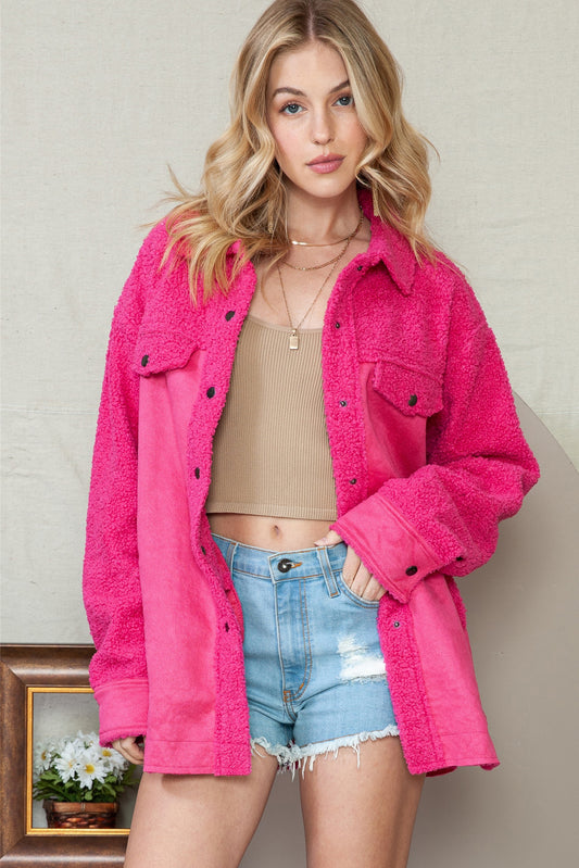 Rosy Faux Suede Sherpa Patchwork Button Up Shacket
